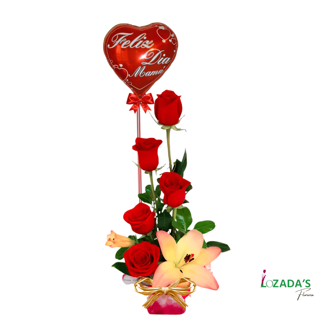 Feliz Día Mamá - Arreglo de 6 Rosas 1 Flor de Lilium + Globo