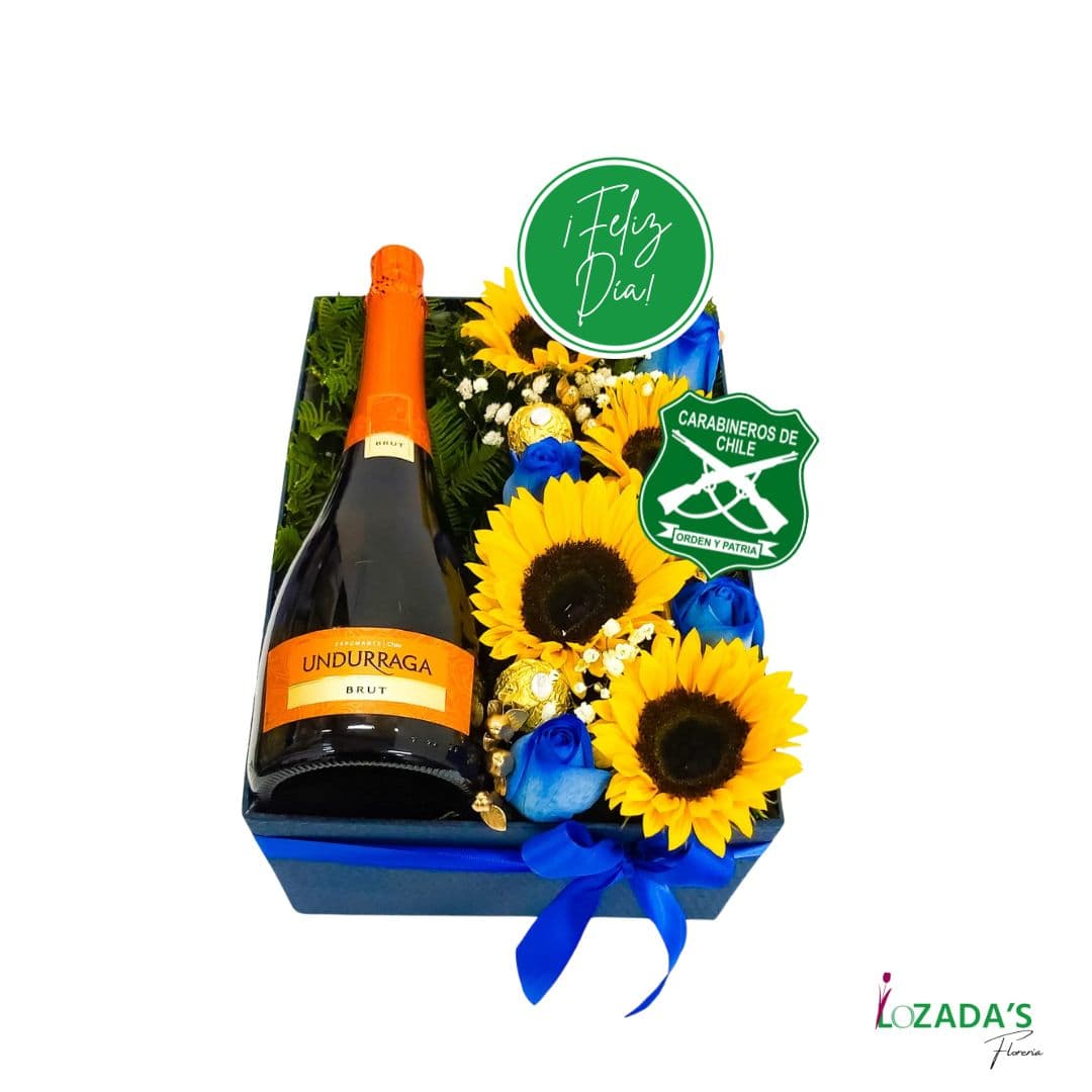 Regalo para el Día del Carabinero/a - Vino Espumante Undurraga Rosas, girasoles y Bombones
