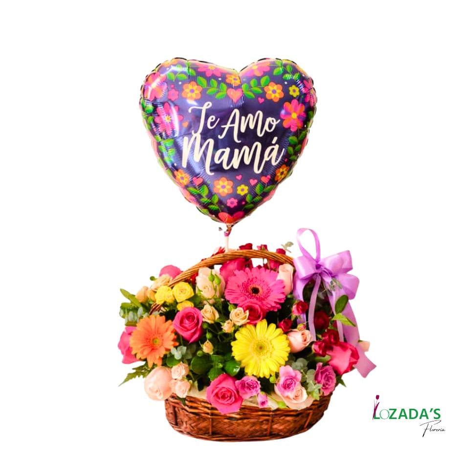 Cesta Floral “Con Amor para Mamá” 🌸🎈🧺