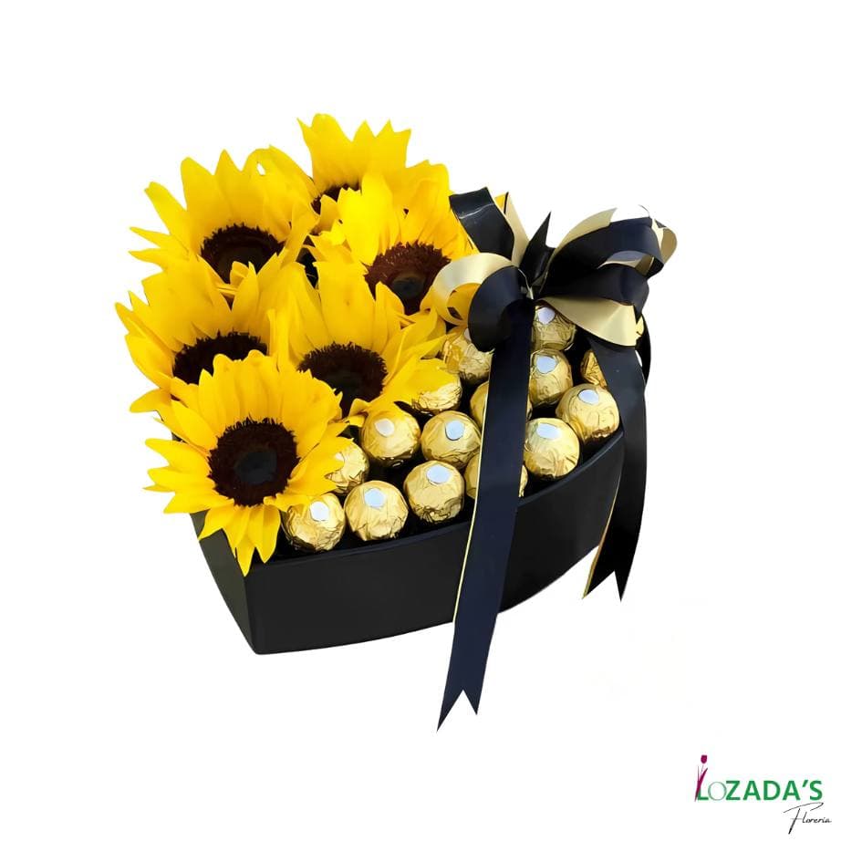 Caja Corazón de Girasoles y Ferrero 🌻🍫❤️ Entrega hoy mismo en Santiago