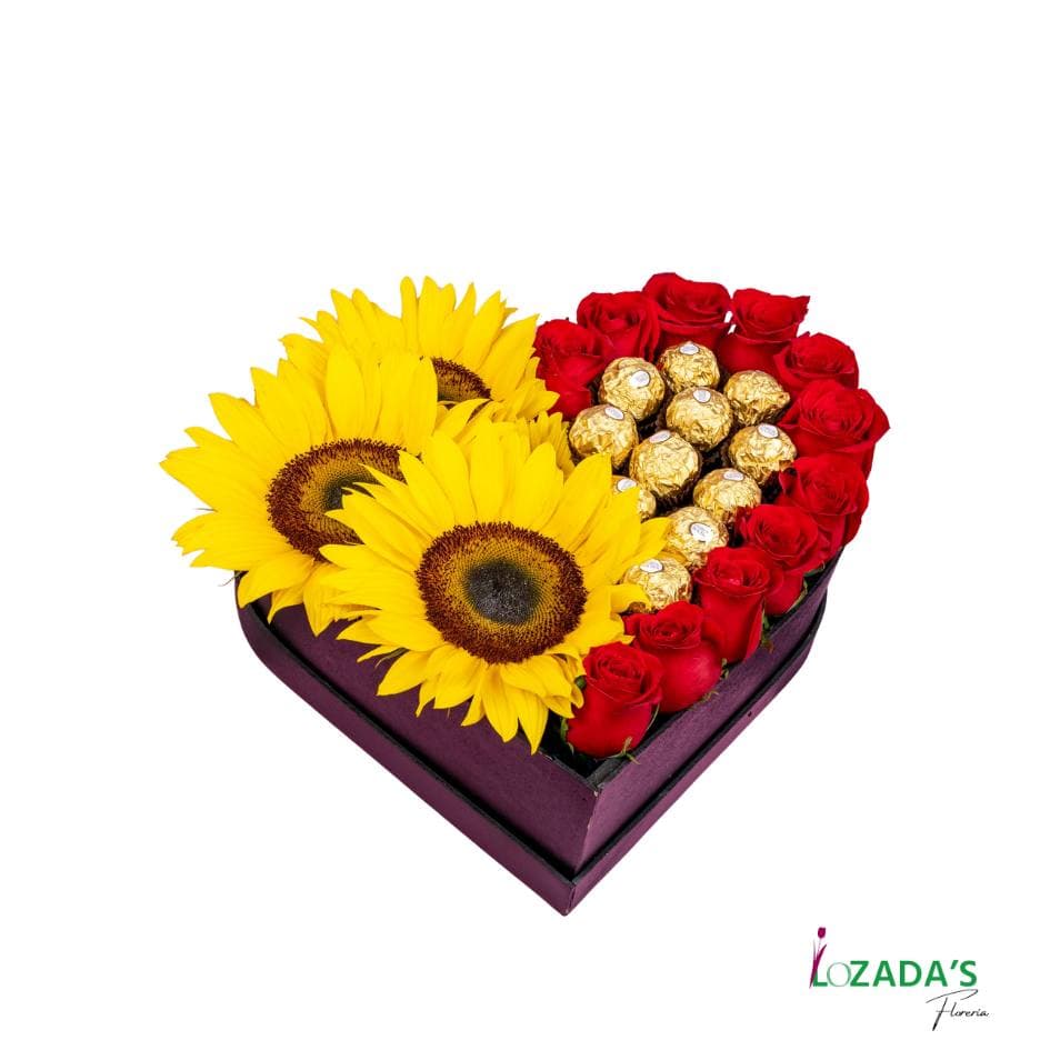 Corazón Radiante de Rosas, Girasoles y Ferrero 🌹🌻🍫❤️ Entrega hoy mismo en Santiago