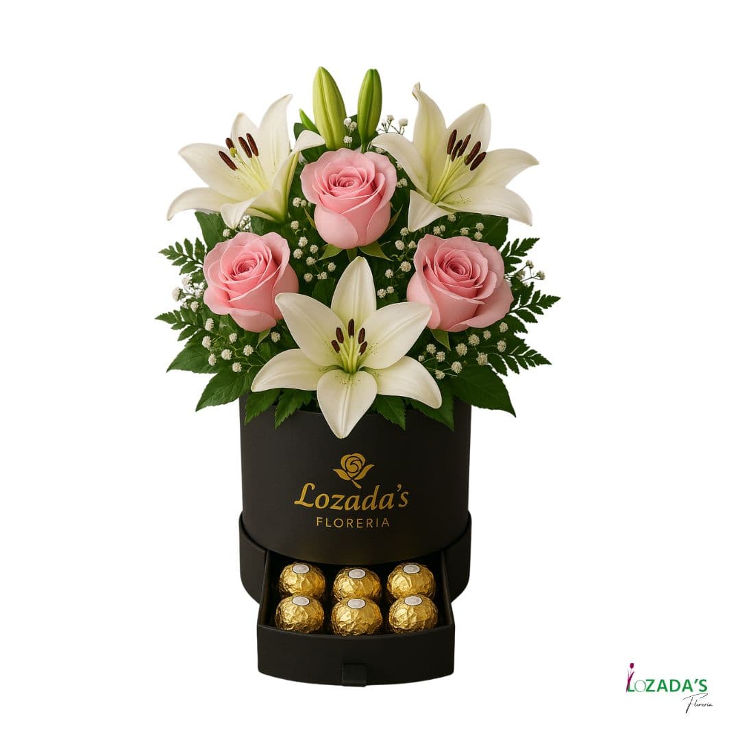 Caja de Rosas Rosas y Liliums – Entrega hoy mismo en Santiago - Dulzura y Elegancia con un Toque de Sabor