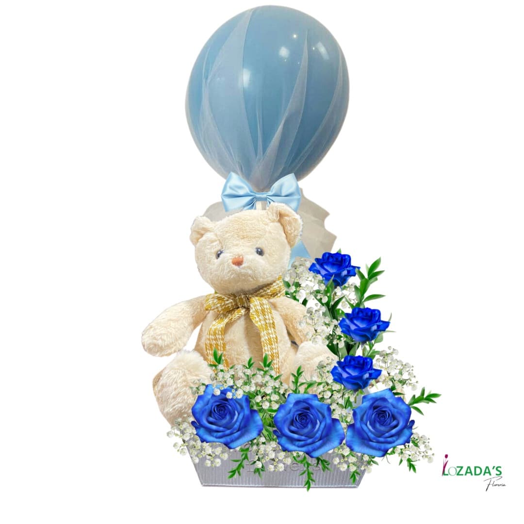 Bienvenido Príncipe – Arreglo con Rosas Azules, Peluche y Globo
