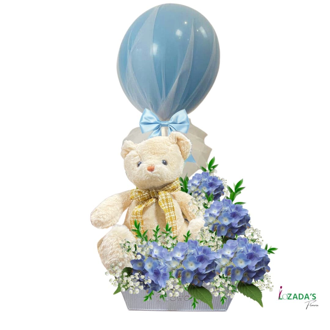 Sueños Celestes – Arreglo con Hortensias, Peluche y Globo