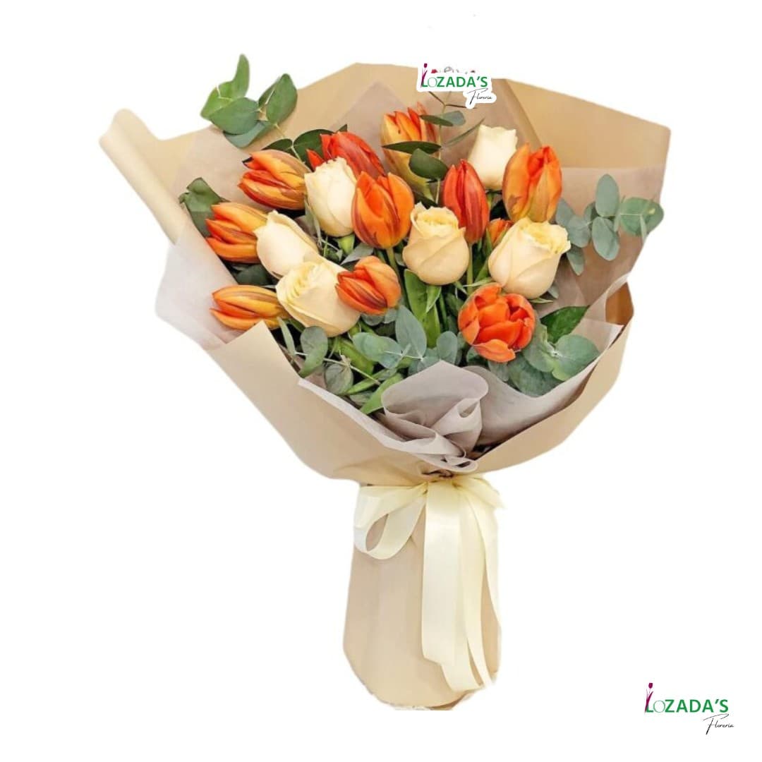 Ramo Premium - Tulipanes Naranjas y Rosas Blancas