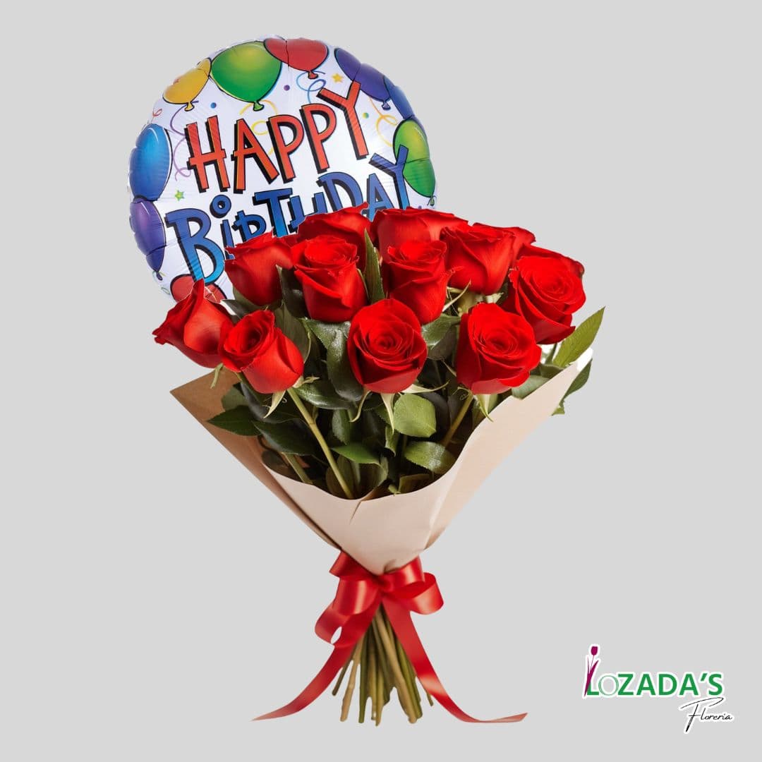 Ramo de 10 Rosas con Globo de Cumpleaños 🎂🌹Entrega hoy mismo en Santiago