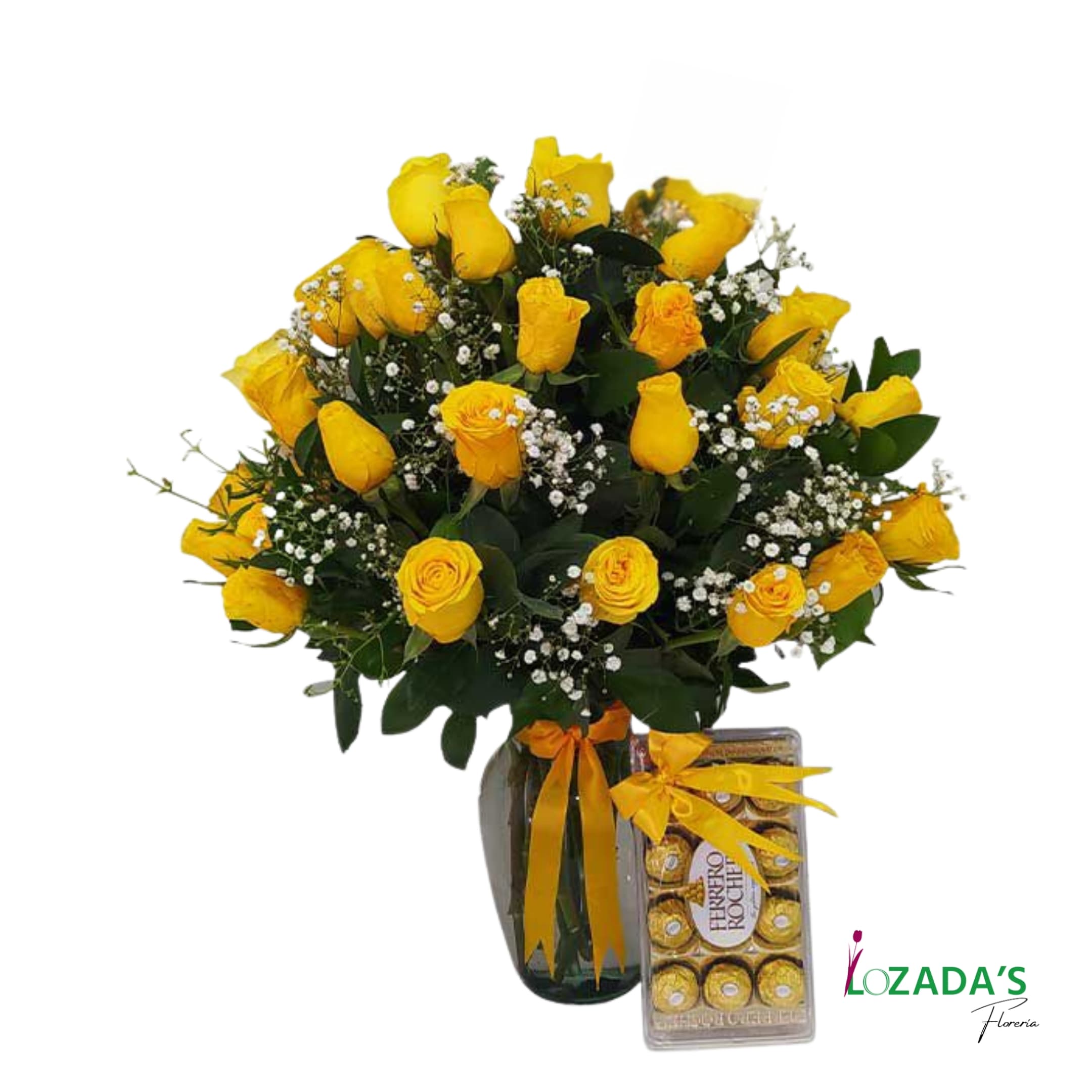 Ramo de Flores Amarillas - Florero de 30 Rosas Amarillas y Bombones - 21 de Septiembre