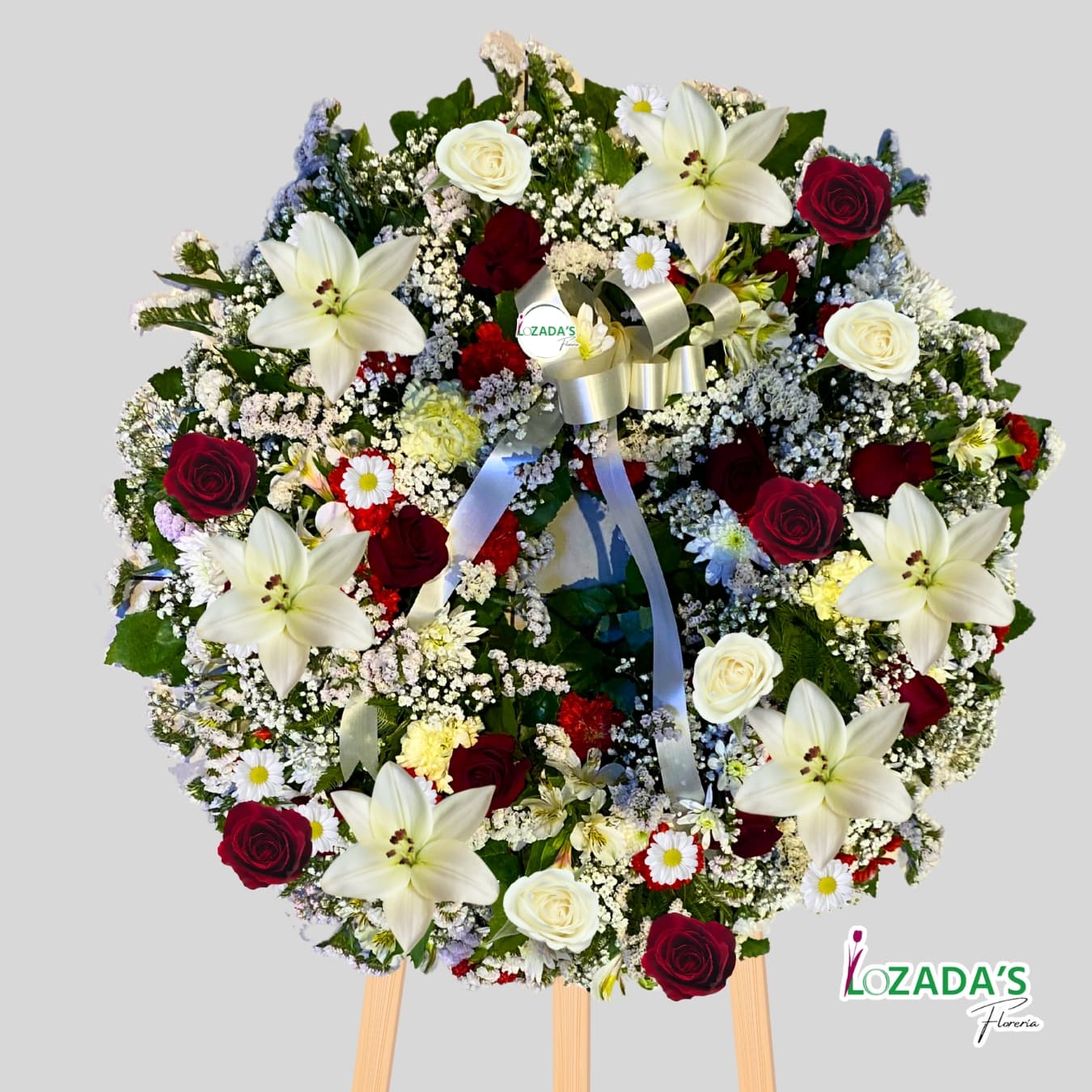 Corona Fúnebre en Rojo y Blanco con Lazo Blanco