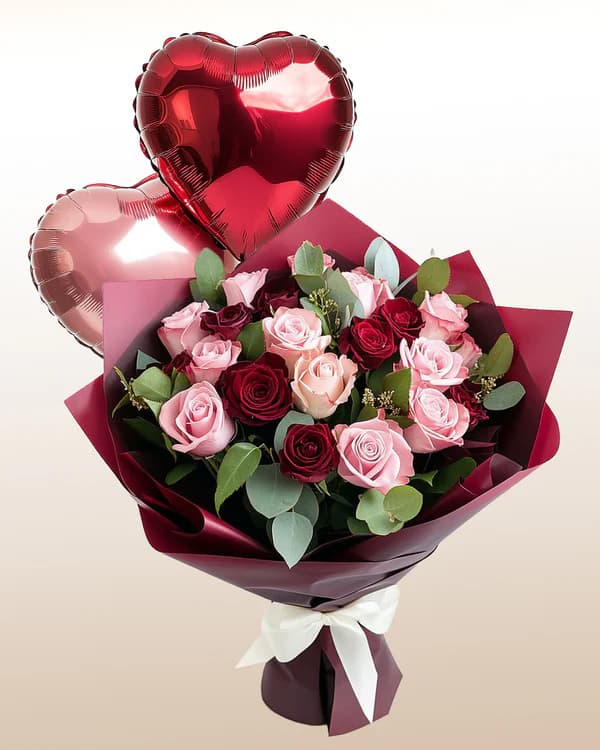 Ramo San Valentín - Mix de Rosas Rojas y Rosadas con Globos