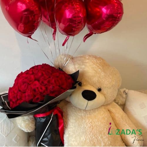Mega Sorpresa de Amor – 60 Rosas, Peluche Gigante y Globos de Helio 💖🎈🐻