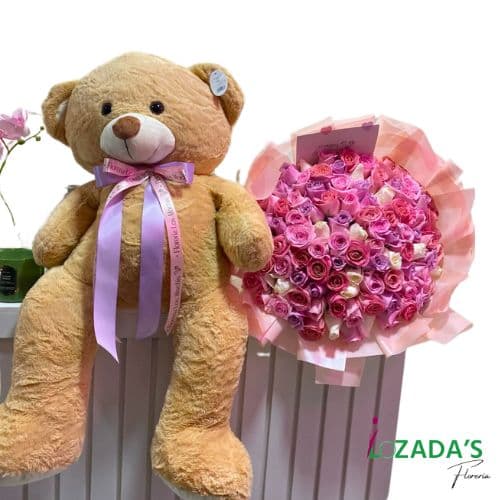 Súper Ramo de 100 Rosas Mixtas con Peluche Gigante – Un Regalo Impactante 🌹🐻✨