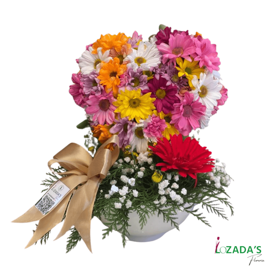 Corazón Aéreo de Flores San Valentín en Base de Cerámica