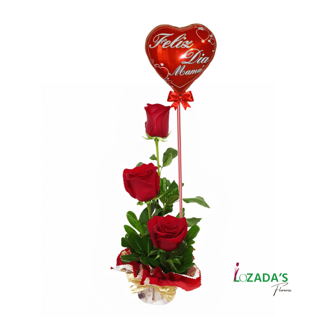 Feliz Día Mamá - Arreglo de 3 Rosas Rojas + Globo