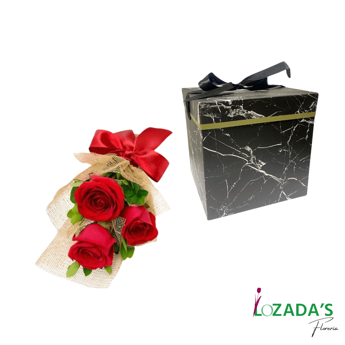 Trío de Rosas con Caja de Regalo y Cinta para Lazo