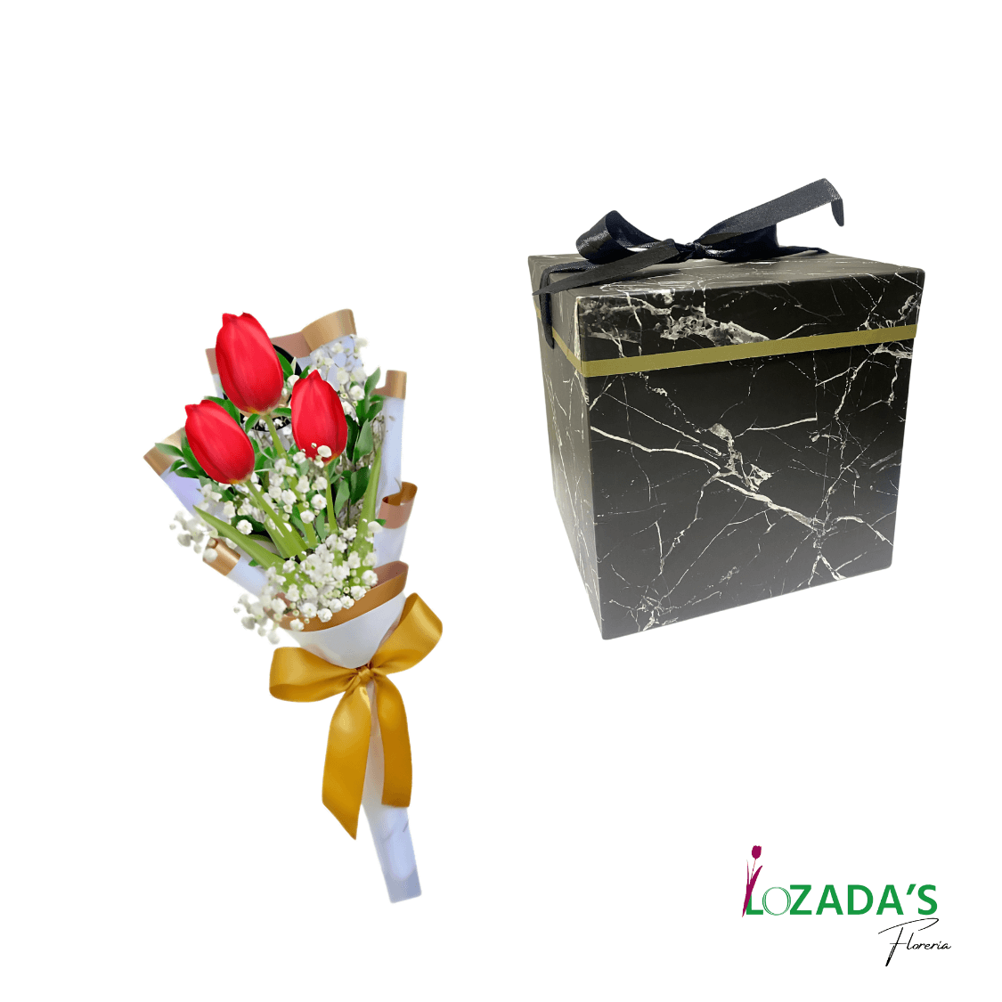 Trío de Tulipanes con Caja de Regalo y Cinta para Lazo