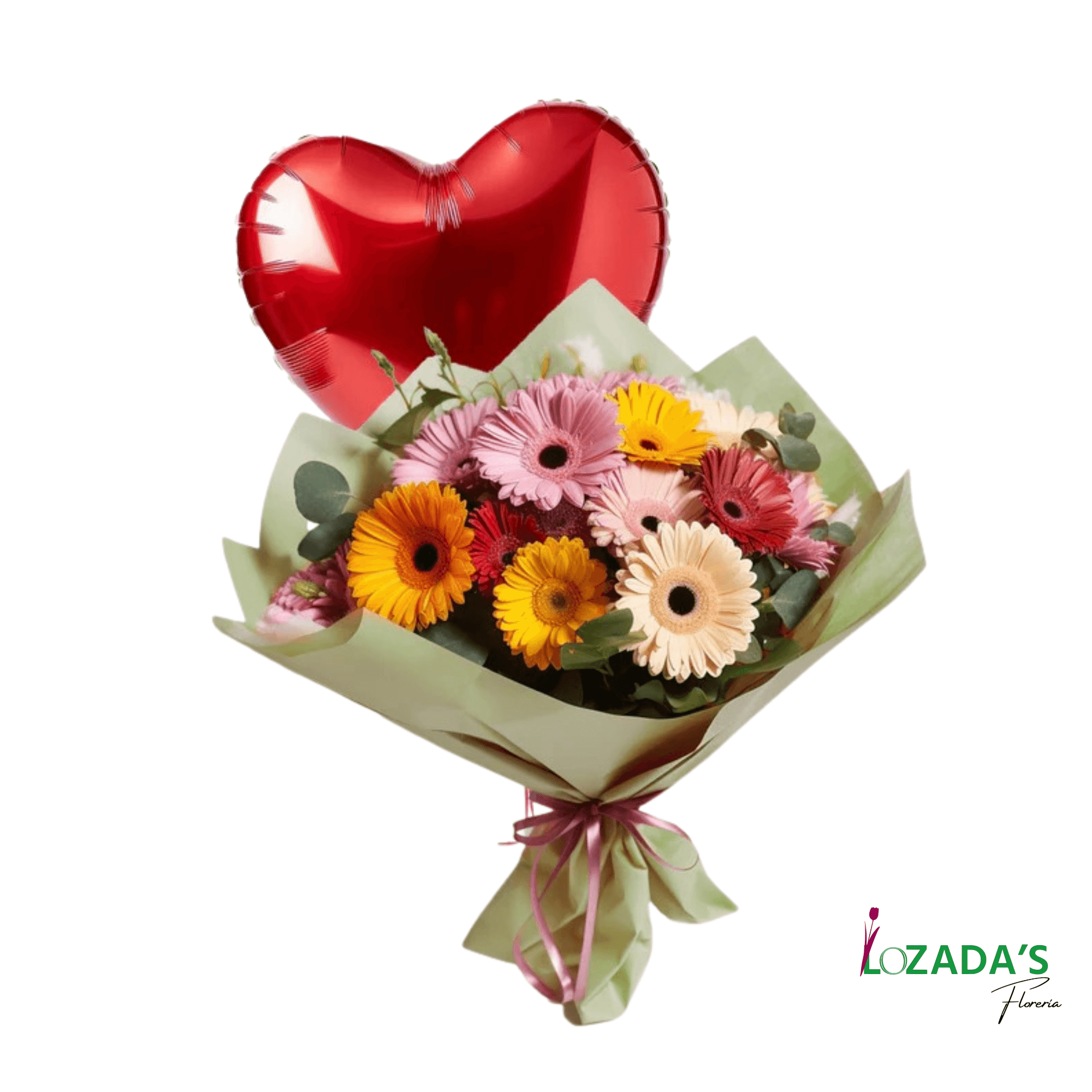 Ramo San Valentín - Primaveral mixto de 12 gerberas y 1 Globo con forma de Corazón