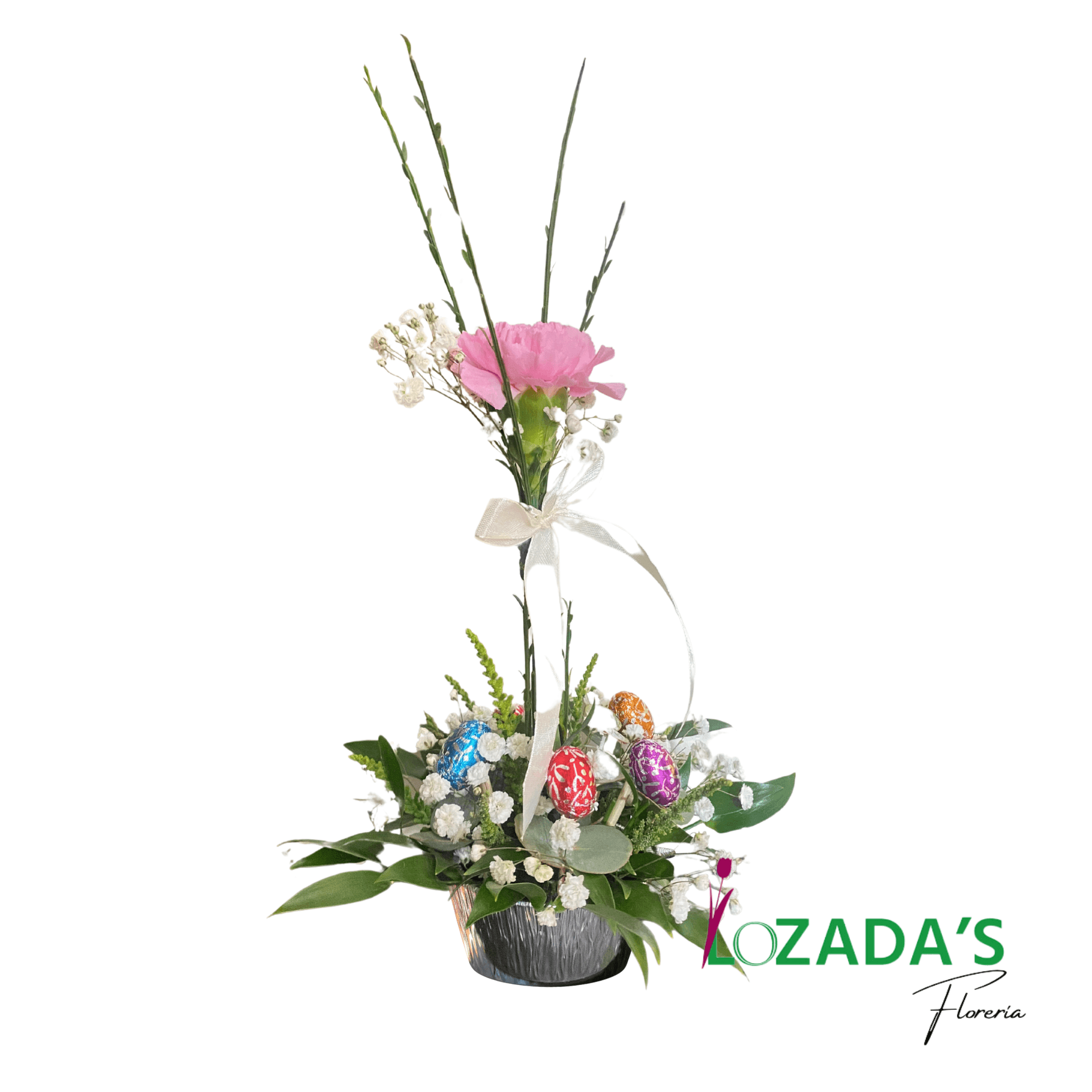 Topiario Floral de Pascua-Con Clavel Rosado y 5 Huevos de Pascua
