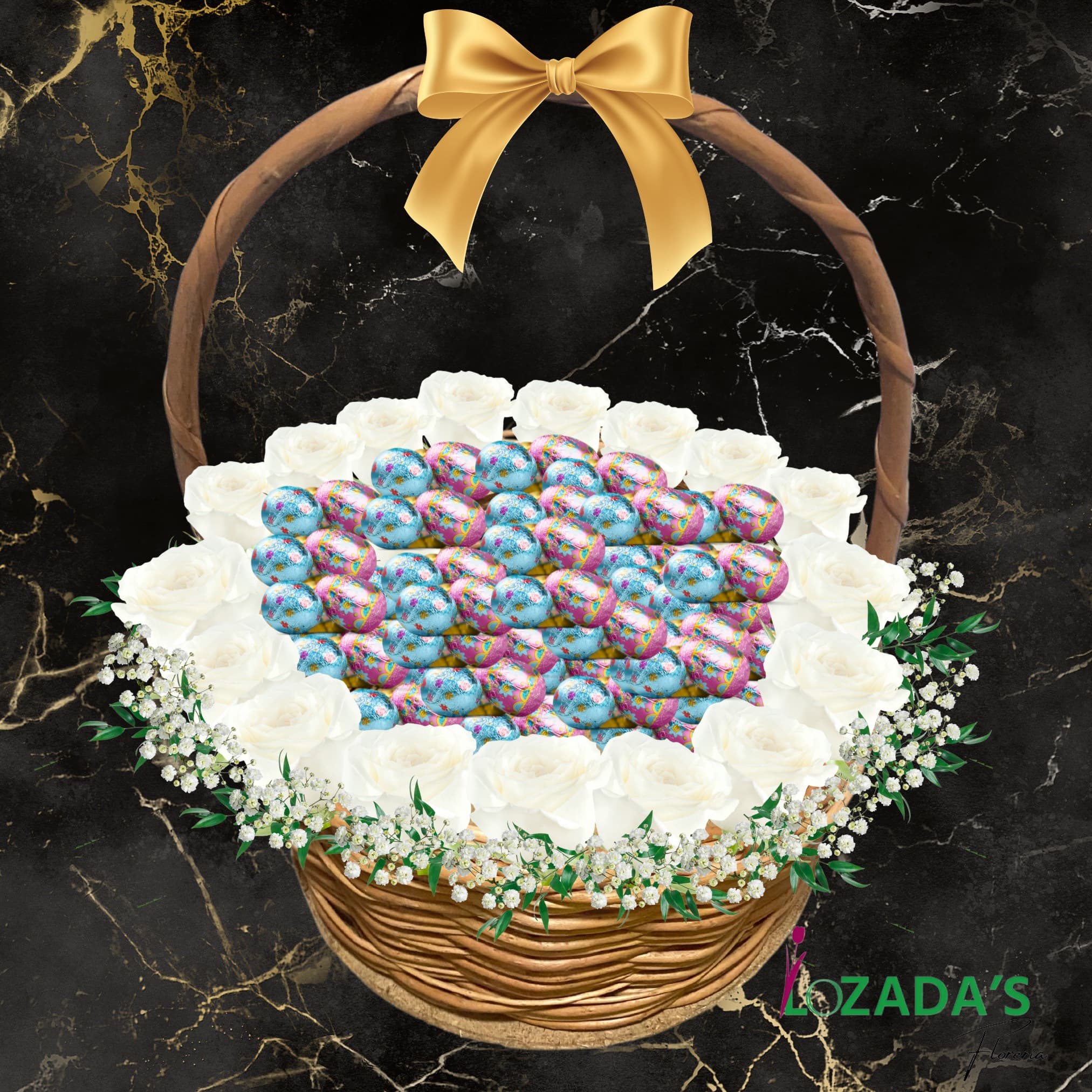 Cesta de Rosas Blancas y Huevos de Pascua
