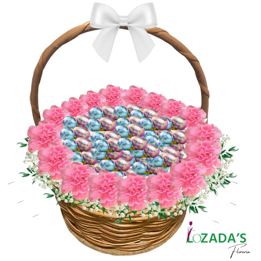 Cesta de Claveles Rosados y Huevitos de Pascua de Chocolate
