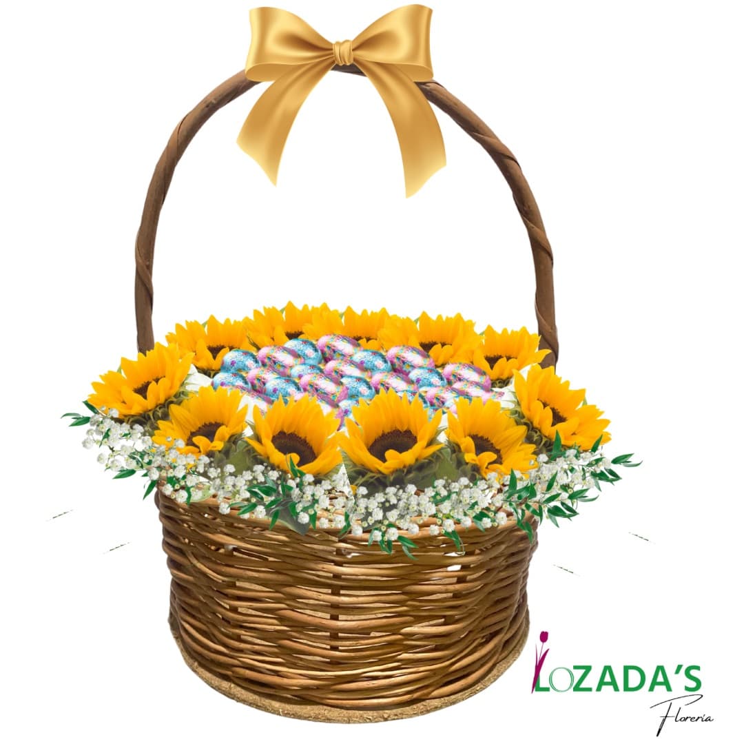 Cesta de Girasoles y Huevitos de Pascua de Chocolate