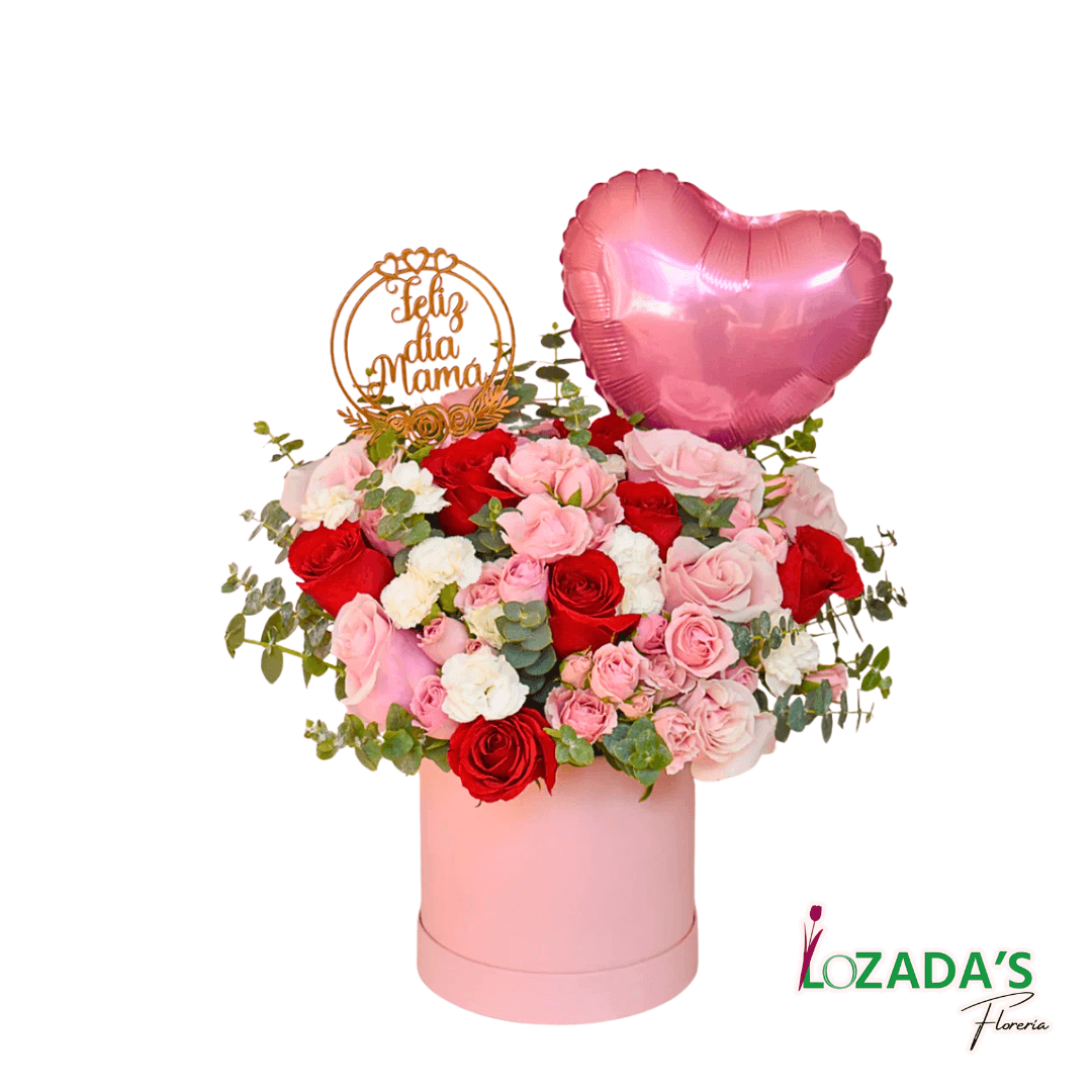 Feliz Día Mamá - Arreglo floral de Rosas mixtas y Globo