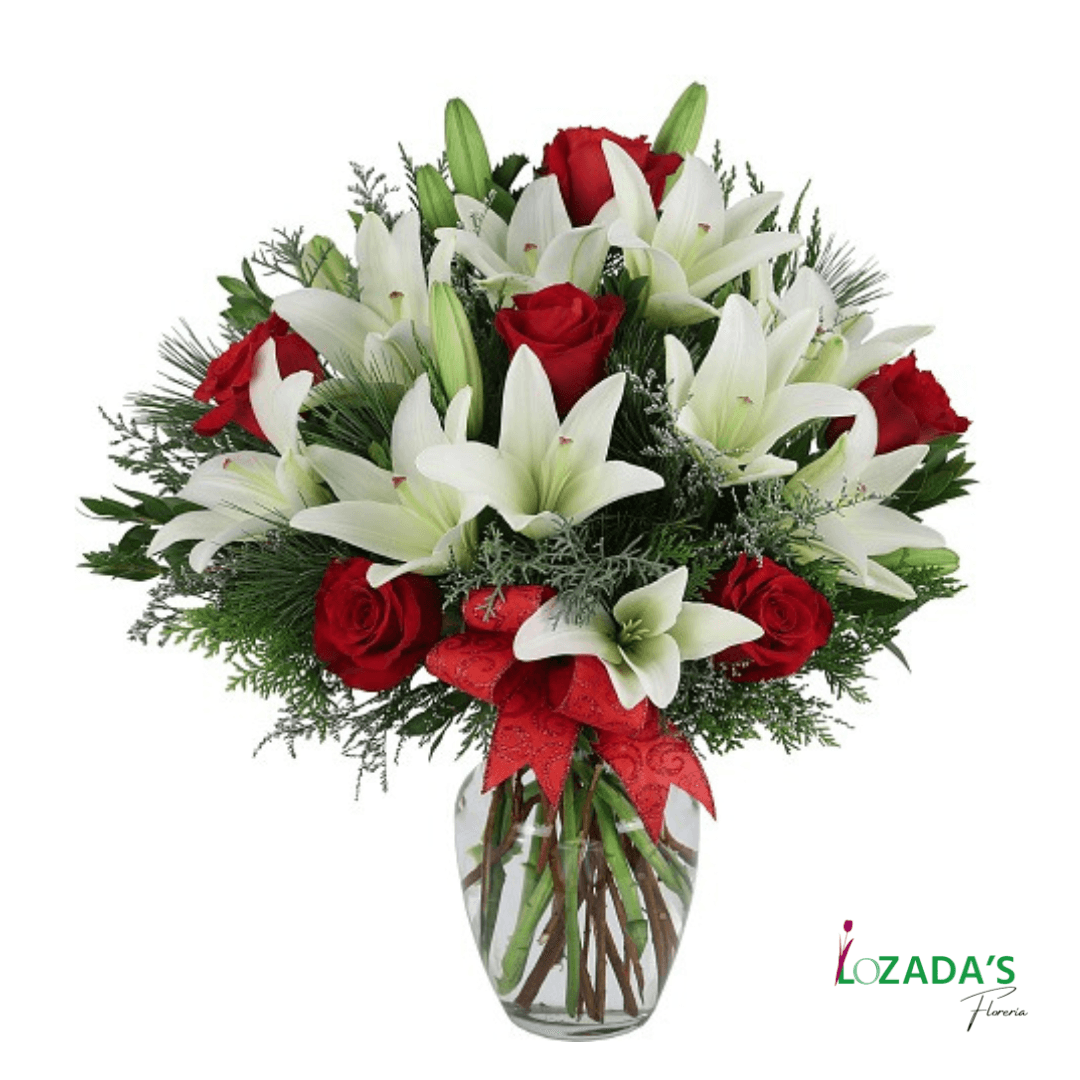 Florero de Liliums Blancos y Rosas Rojas
