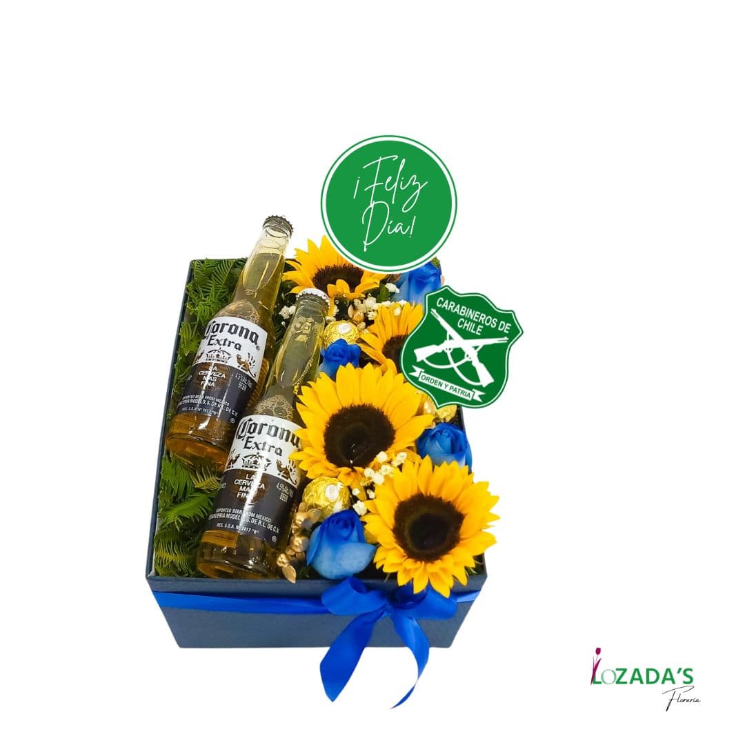 Regalo para el Día del Carabinero/a - 2 Cerveza Corona Girasoles, rosas y Bombones