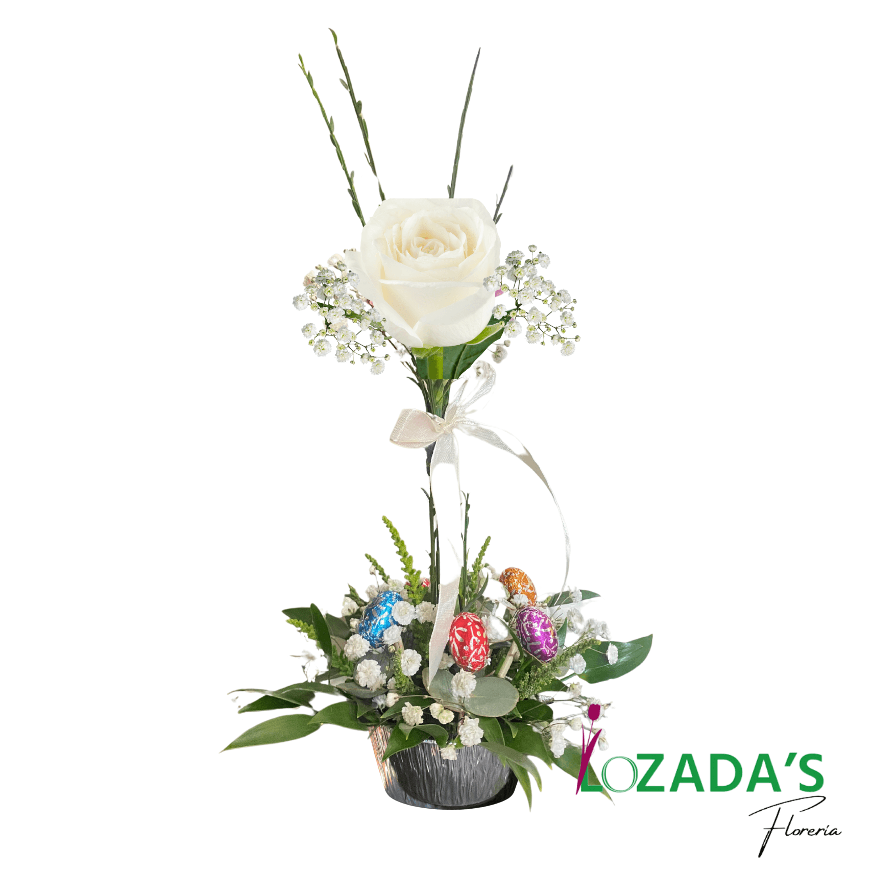 Topiario Floral de Pascua- Con Rosa Blanca y 5 Huevos de Pascua